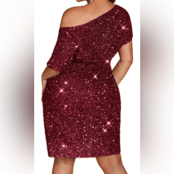 Luxe Plus Size Off Shoulder Sequin Belted Holiday Evening Dress Burgundy - Picture 2 of 5